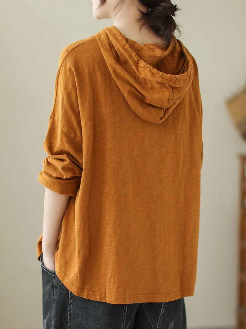 Solid Color Loose Large Size Long-Sleeved T-shirt Casual Hooded T-shirt Top