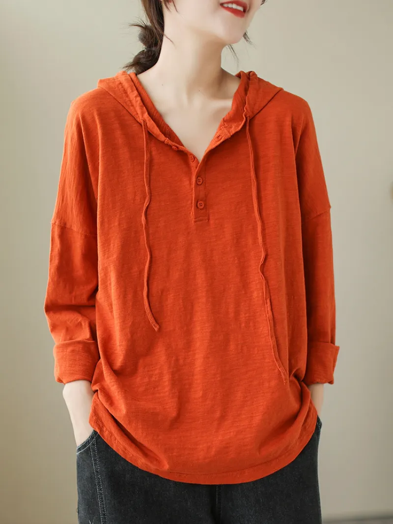 Solid Color Loose Large Size Long-Sleeved T-shirt Casual Hooded T-shirt Top