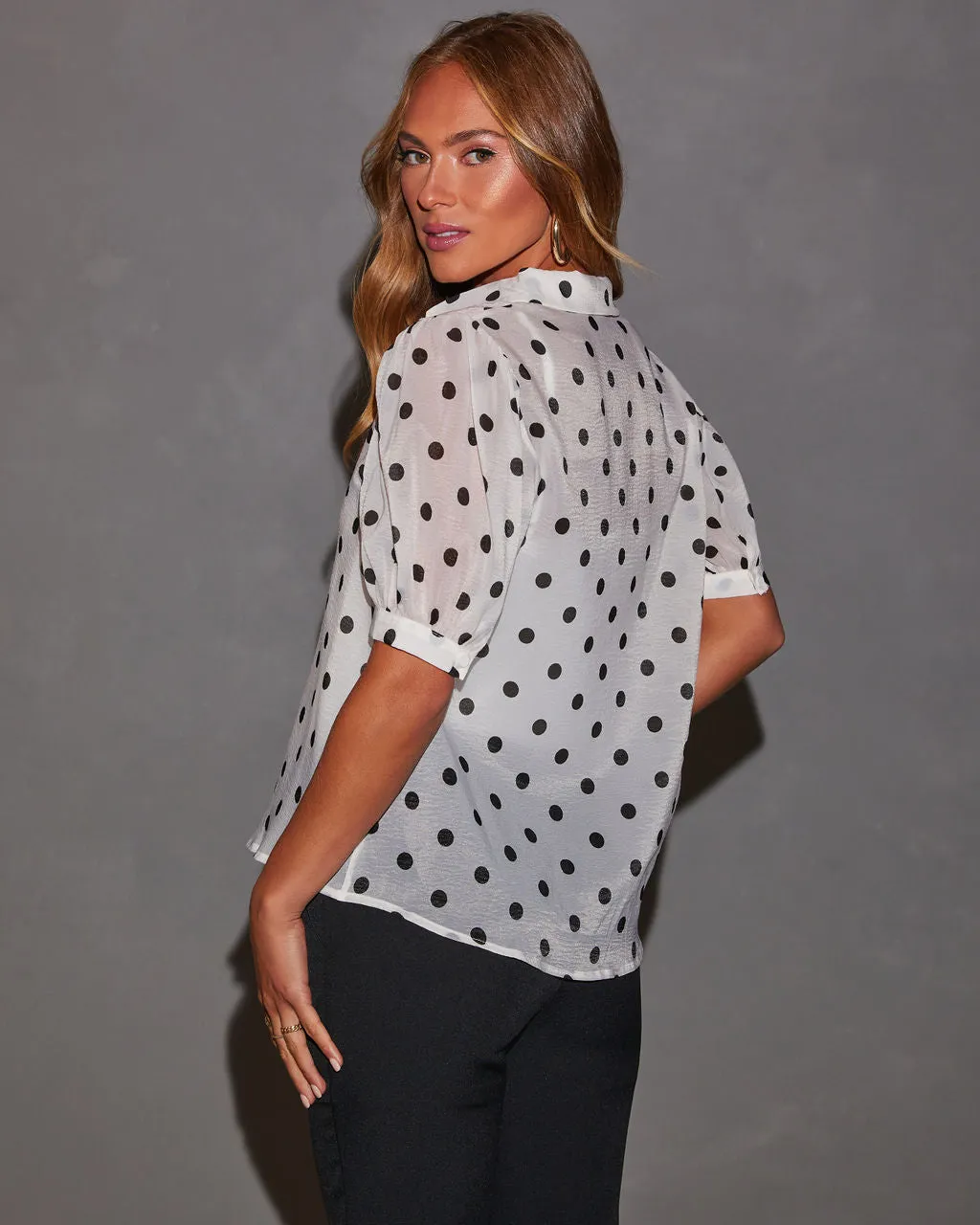 Spotted You Button Down Puff Sleeve Top