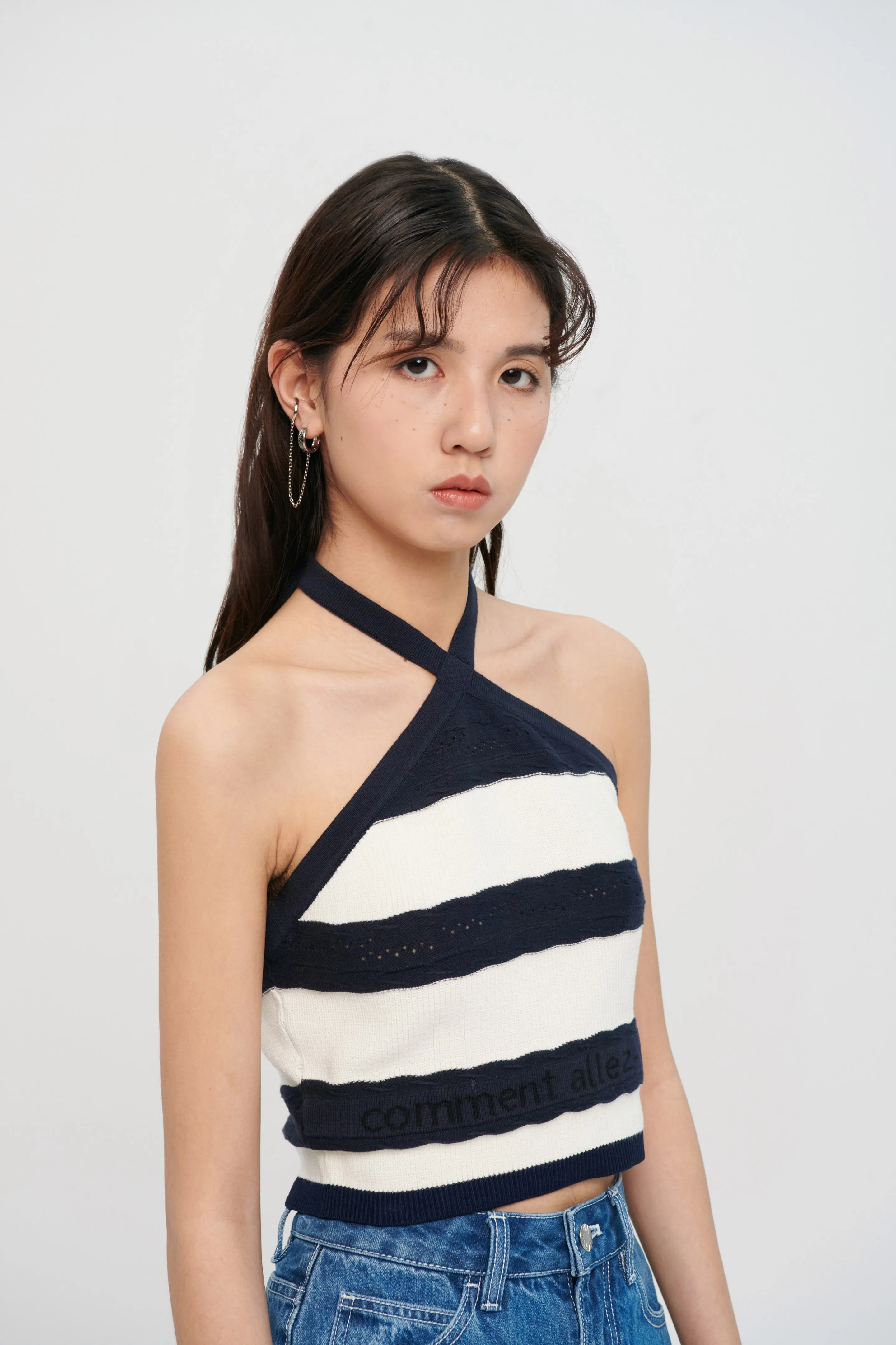 Stripe Knitted Halter Neck Vest Top