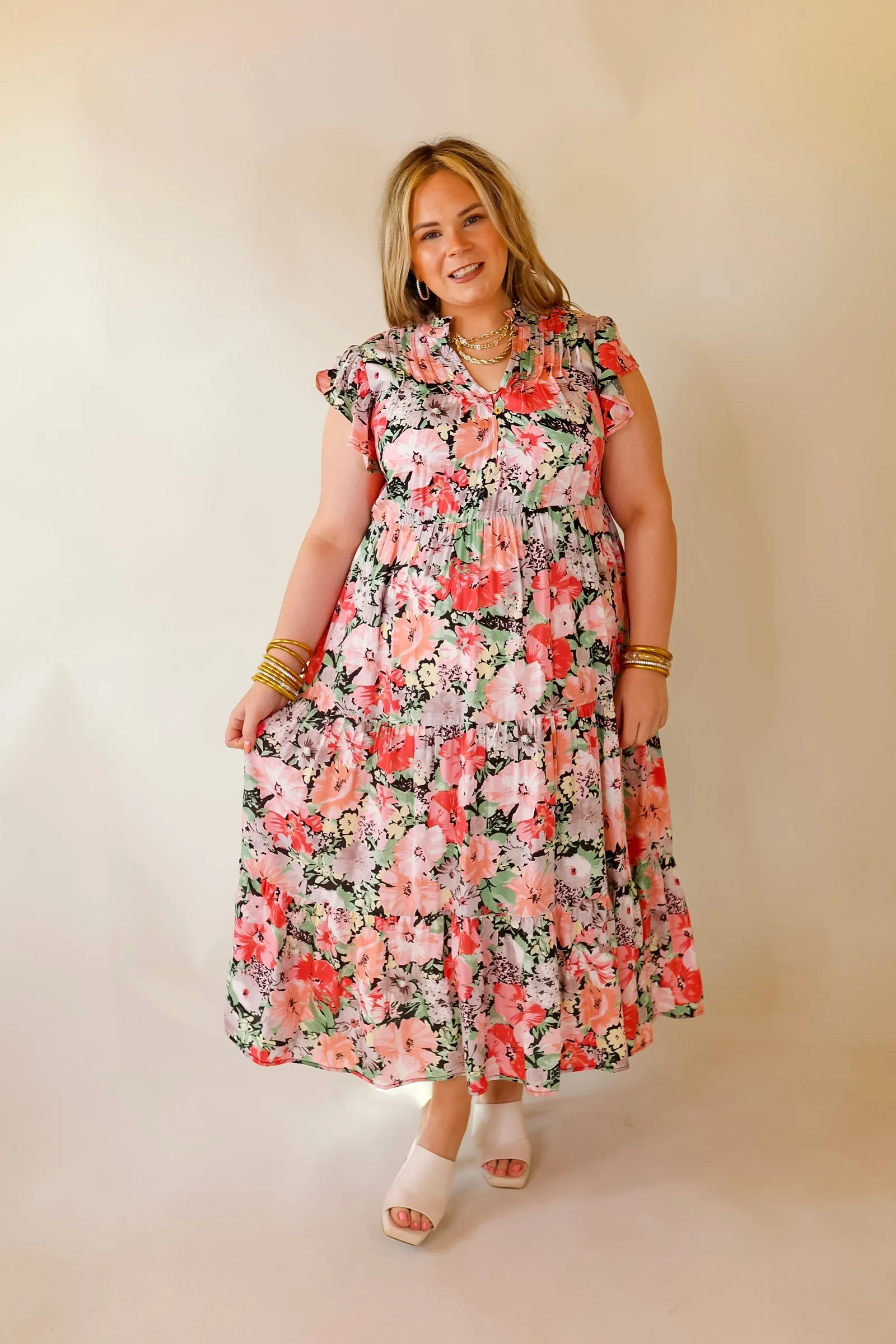 Strolling Down Sunset Floral Tiered Midi Dress in Pink and Green Mix