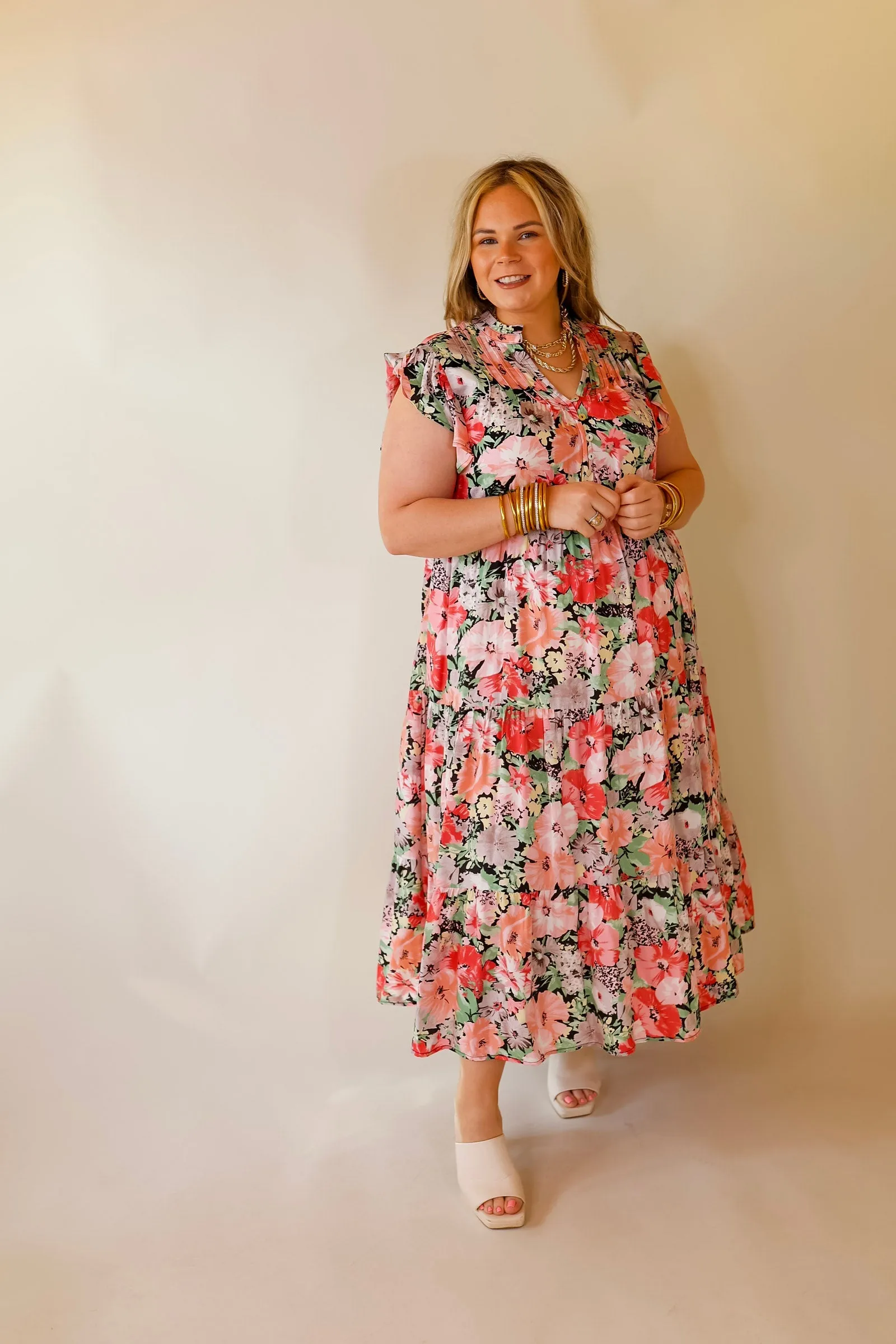 Strolling Down Sunset Floral Tiered Midi Dress in Pink and Green Mix