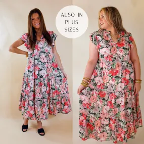 Strolling Down Sunset Floral Tiered Midi Dress in Pink and Green Mix