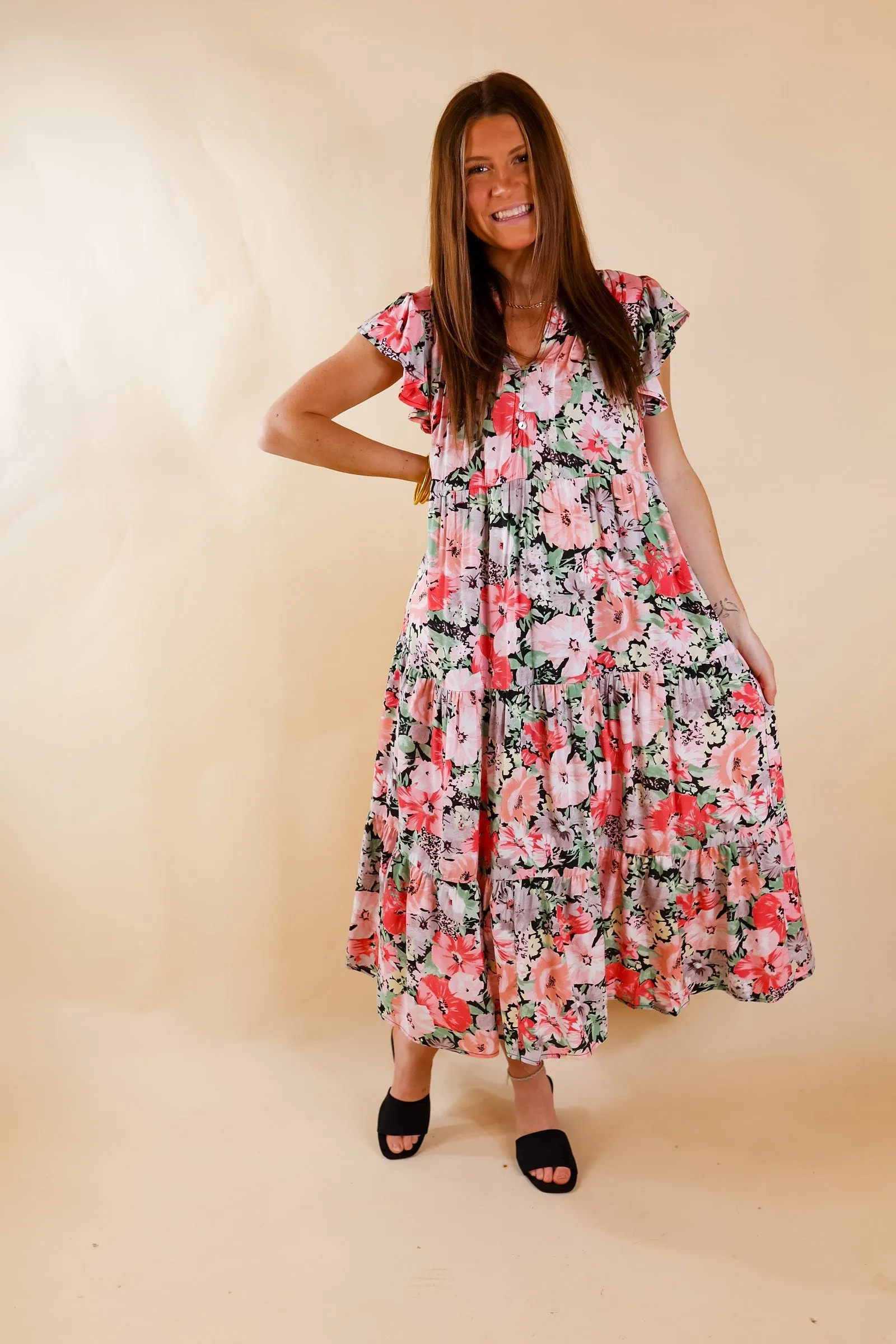 Strolling Down Sunset Floral Tiered Midi Dress in Pink and Green Mix