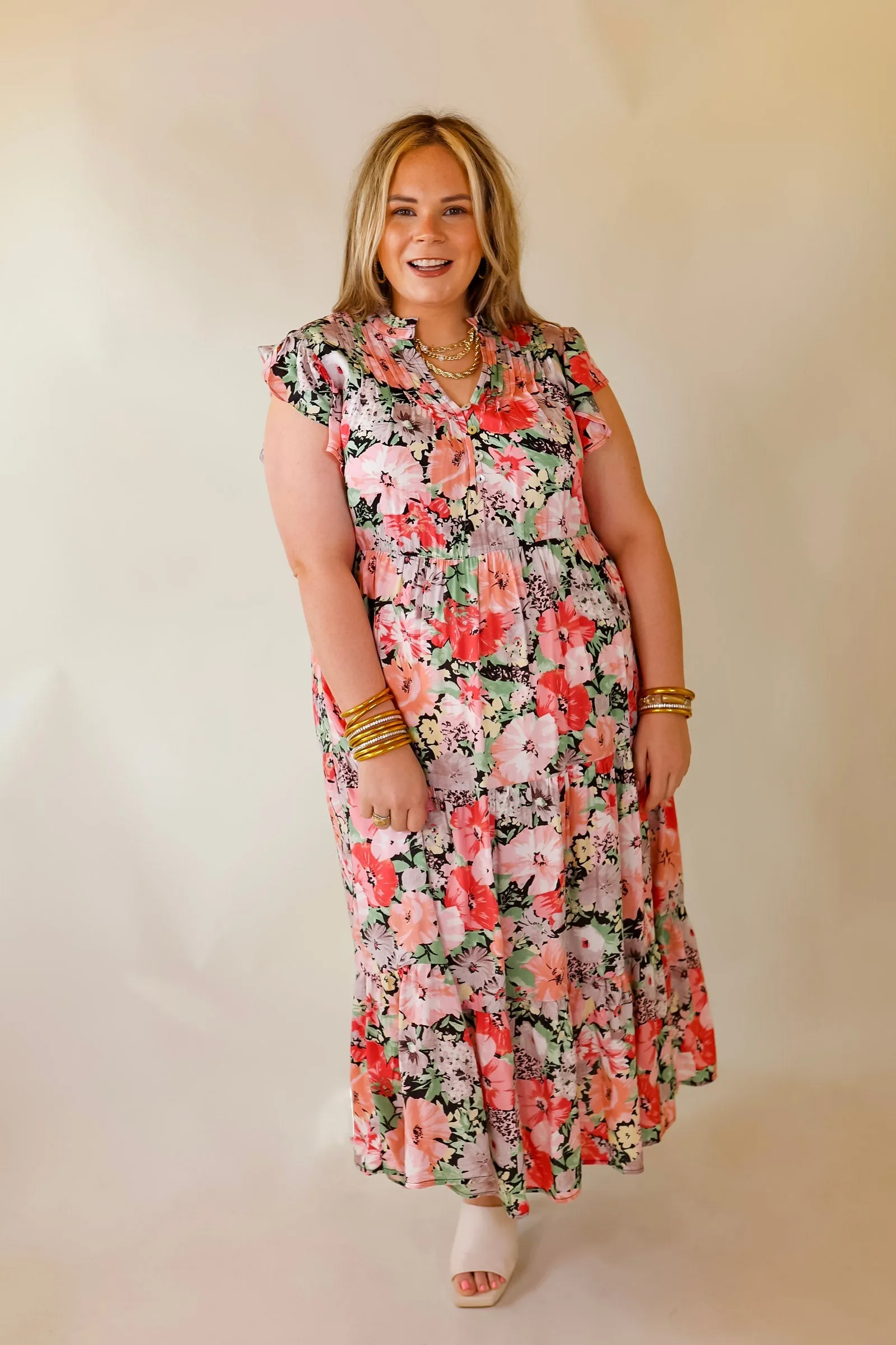 Strolling Down Sunset Floral Tiered Midi Dress in Pink and Green Mix