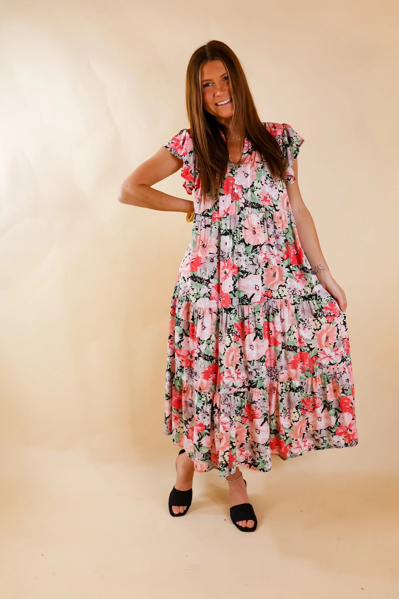 Strolling Down Sunset Floral Tiered Midi Dress in Pink and Green Mix