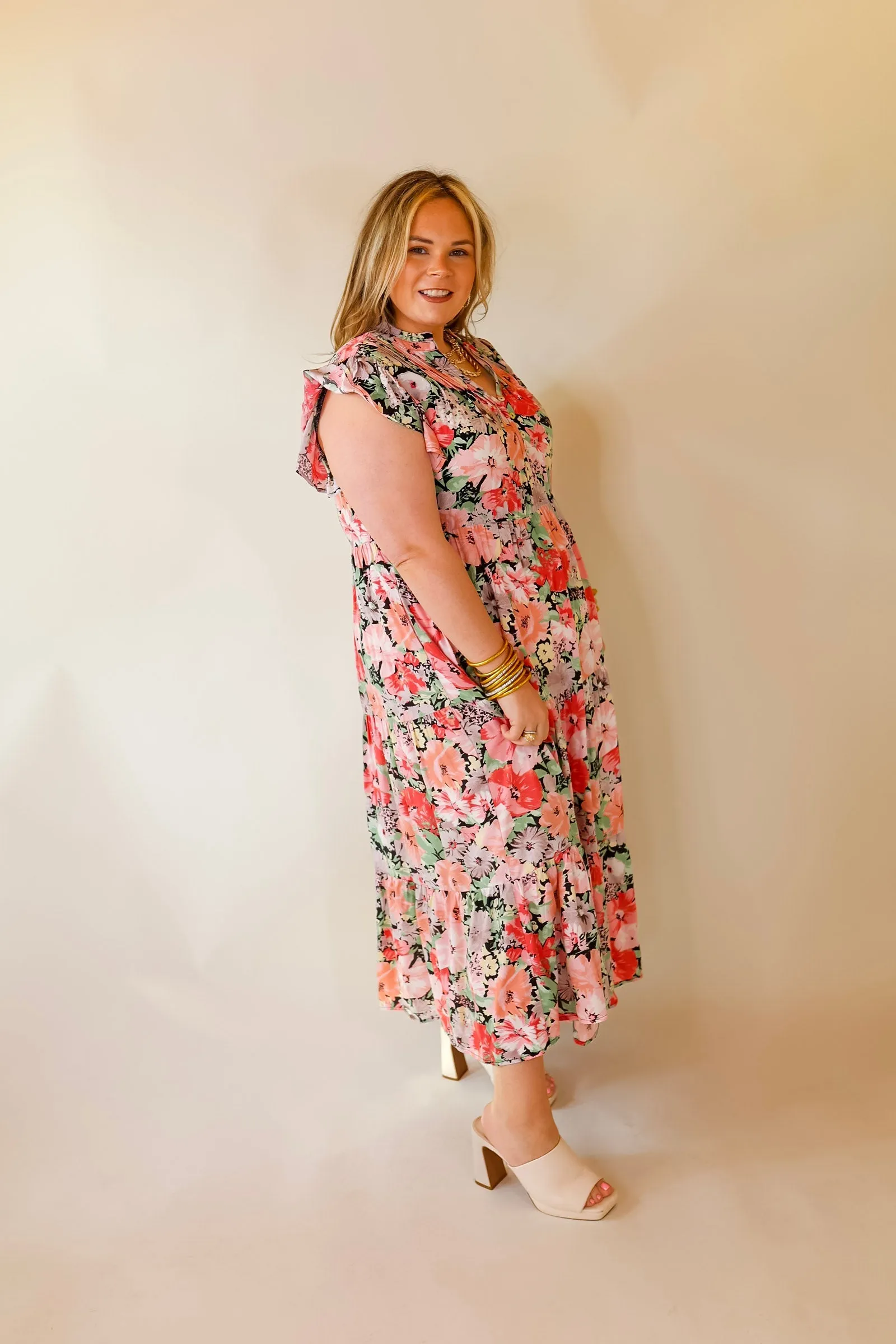 Strolling Down Sunset Floral Tiered Midi Dress in Pink and Green Mix