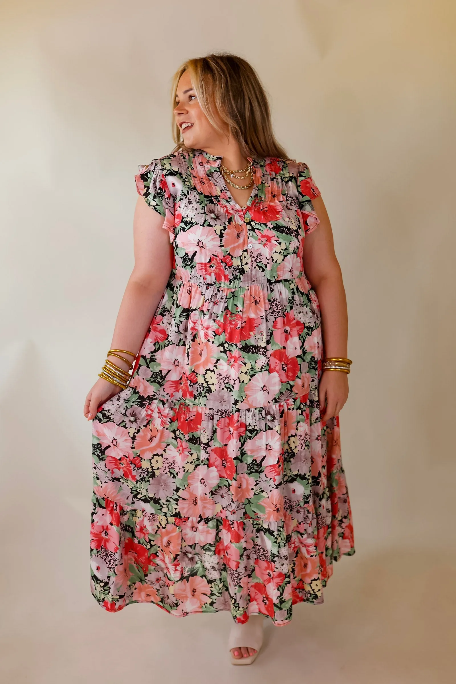 Strolling Down Sunset Floral Tiered Midi Dress in Pink and Green Mix