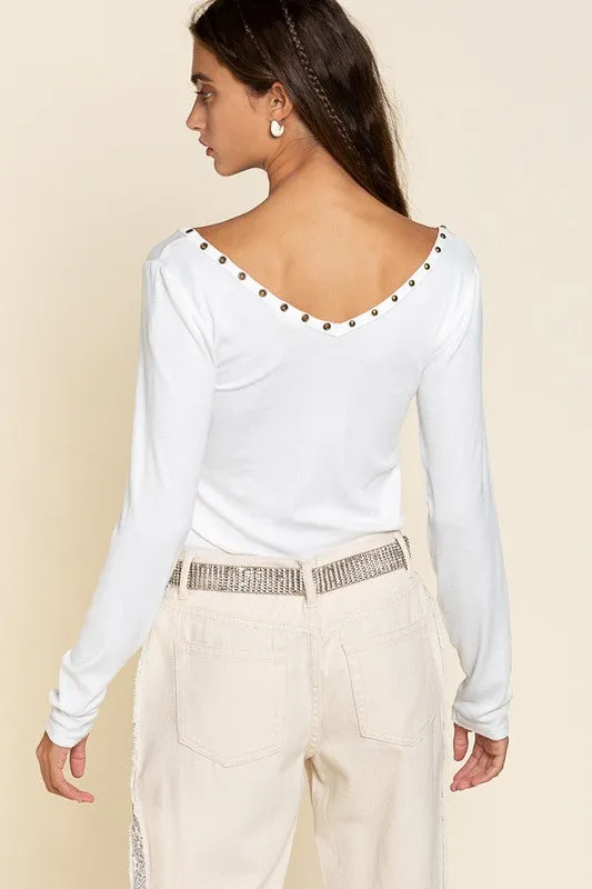 Studded Ribbed V-Neck Top