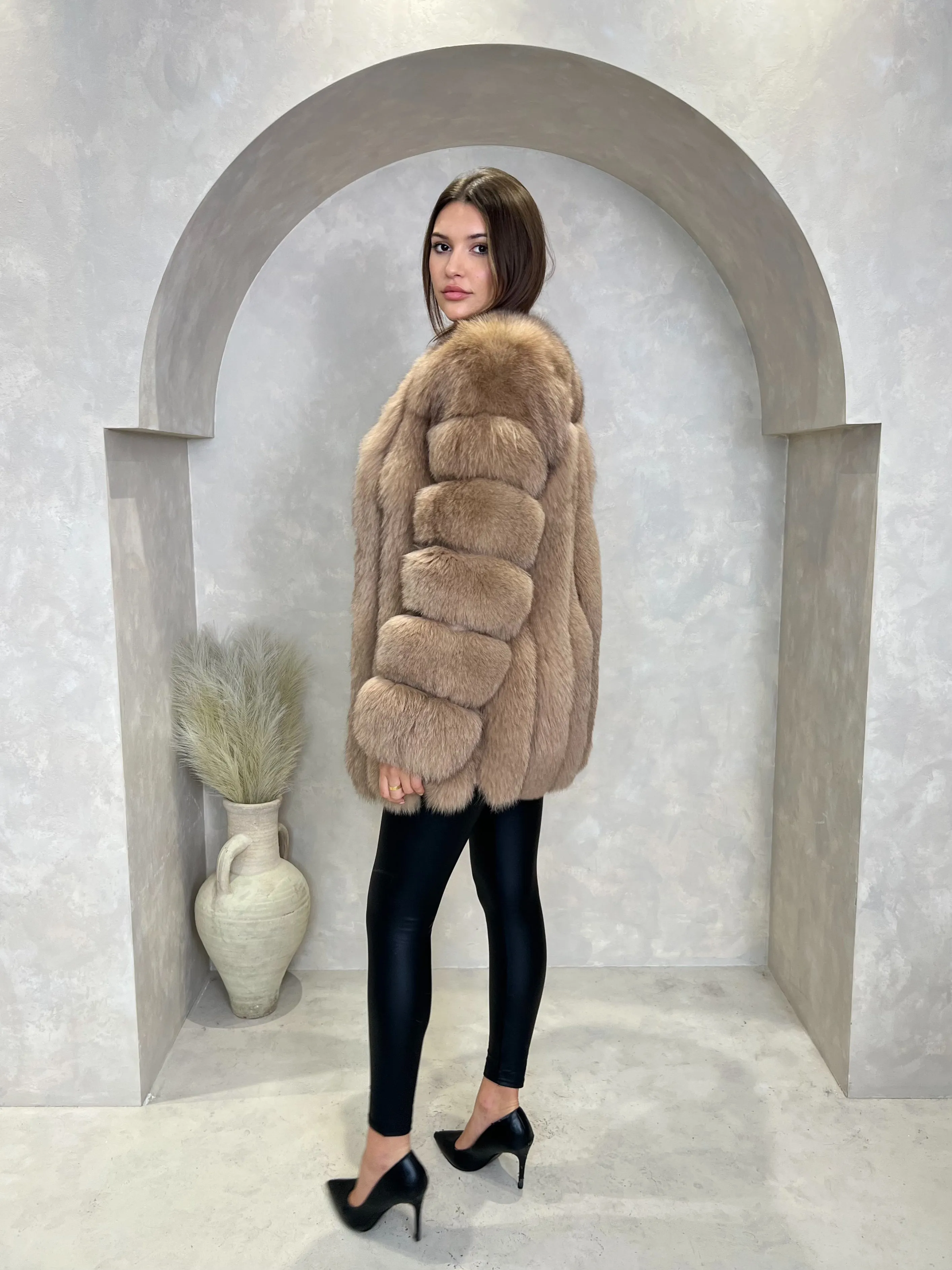 Tan Luxury Fur Mid Length Coat