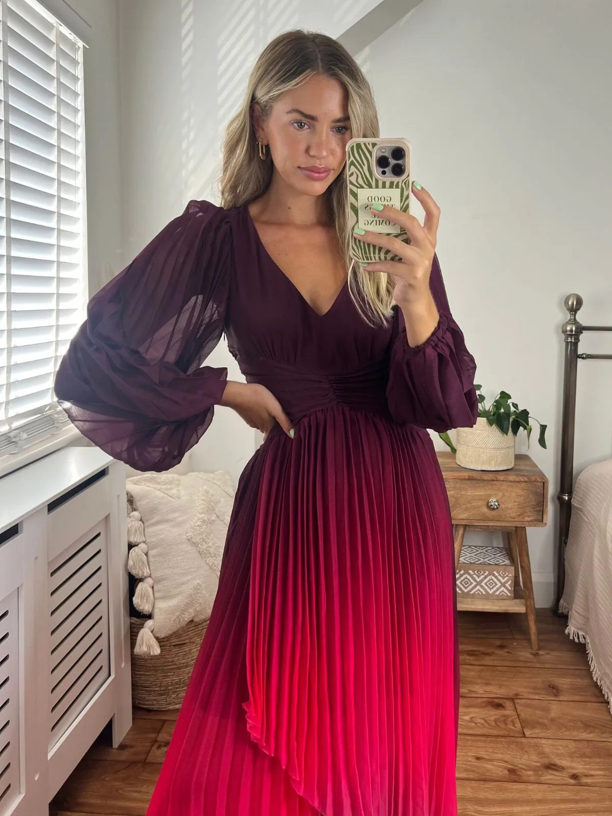 Toni Long Sleeved Pleated Maxi Dress / Mulberry & Pink Ombre