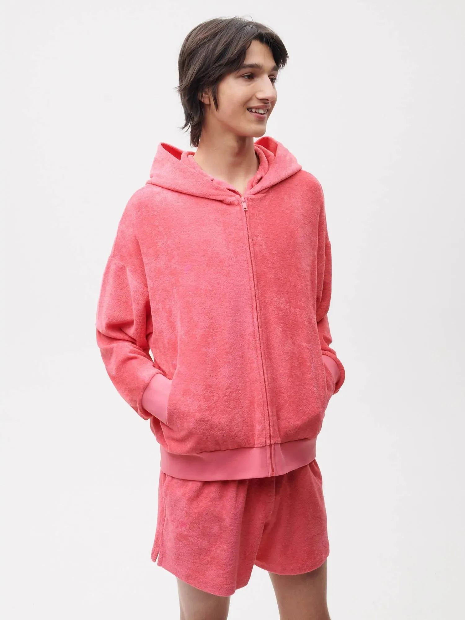 Towelling Zipped Hoodie—lotus pink