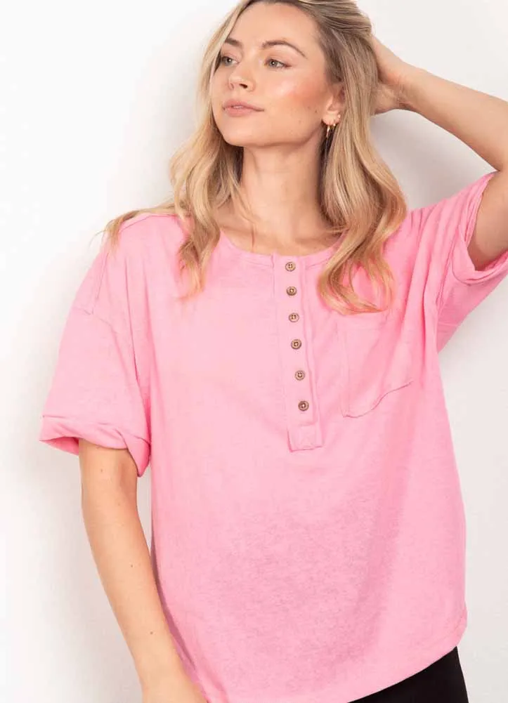 Twisted Sleeve Henley Knit Top In Pink