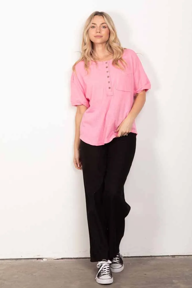 Twisted Sleeve Henley Knit Top In Pink