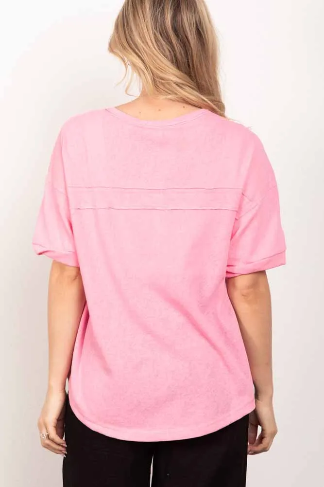 Twisted Sleeve Henley Knit Top In Pink