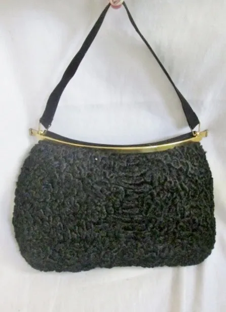 Vintage Genuine PERSIAN LAMB FUR CURLY Boutique handbag purse clutch BLACK EYEBALL