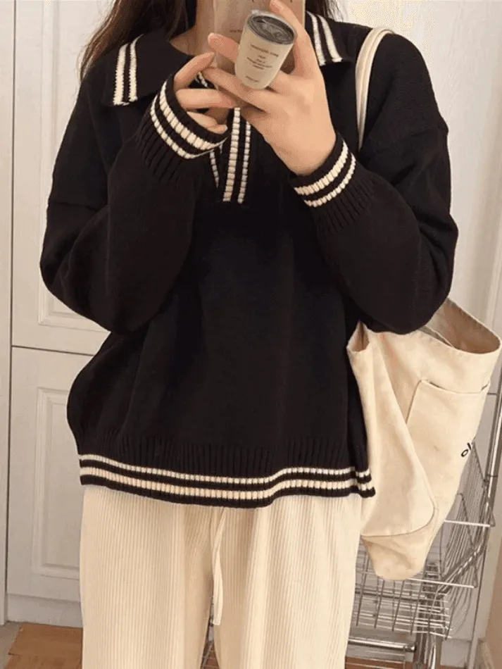 Wenkouban-Spring Casual Outfits Y2K Outfits Contrast Trim Pullover Sweater