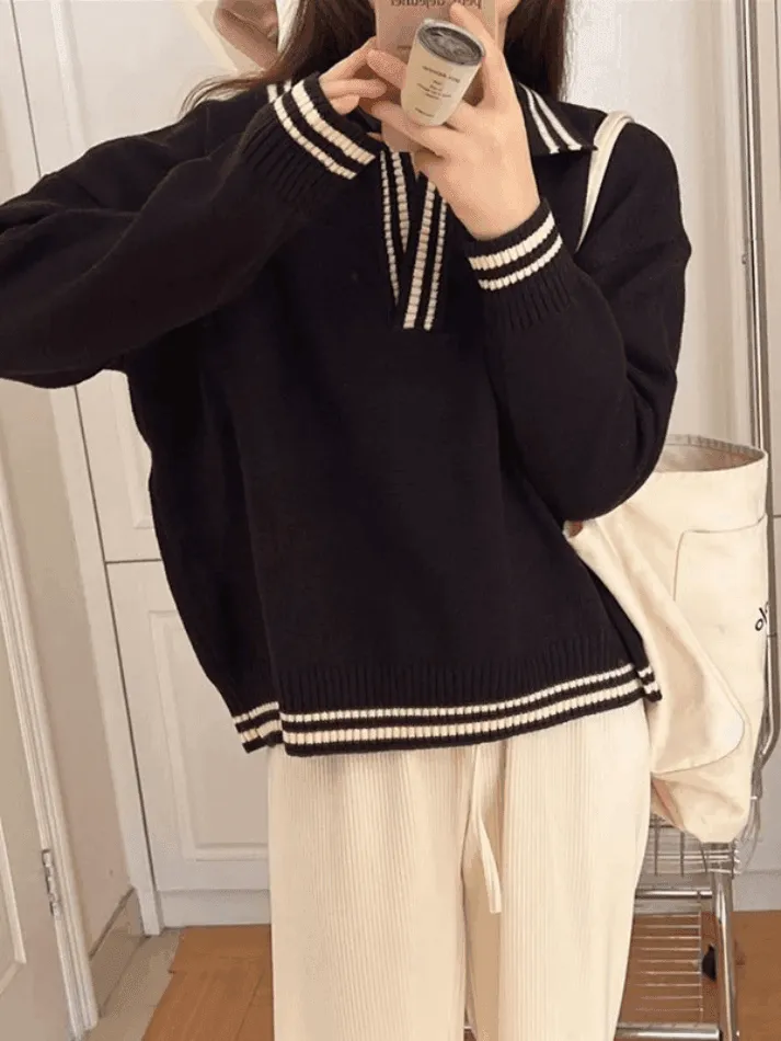 Wenkouban-Spring Casual Outfits Y2K Outfits Contrast Trim Pullover Sweater