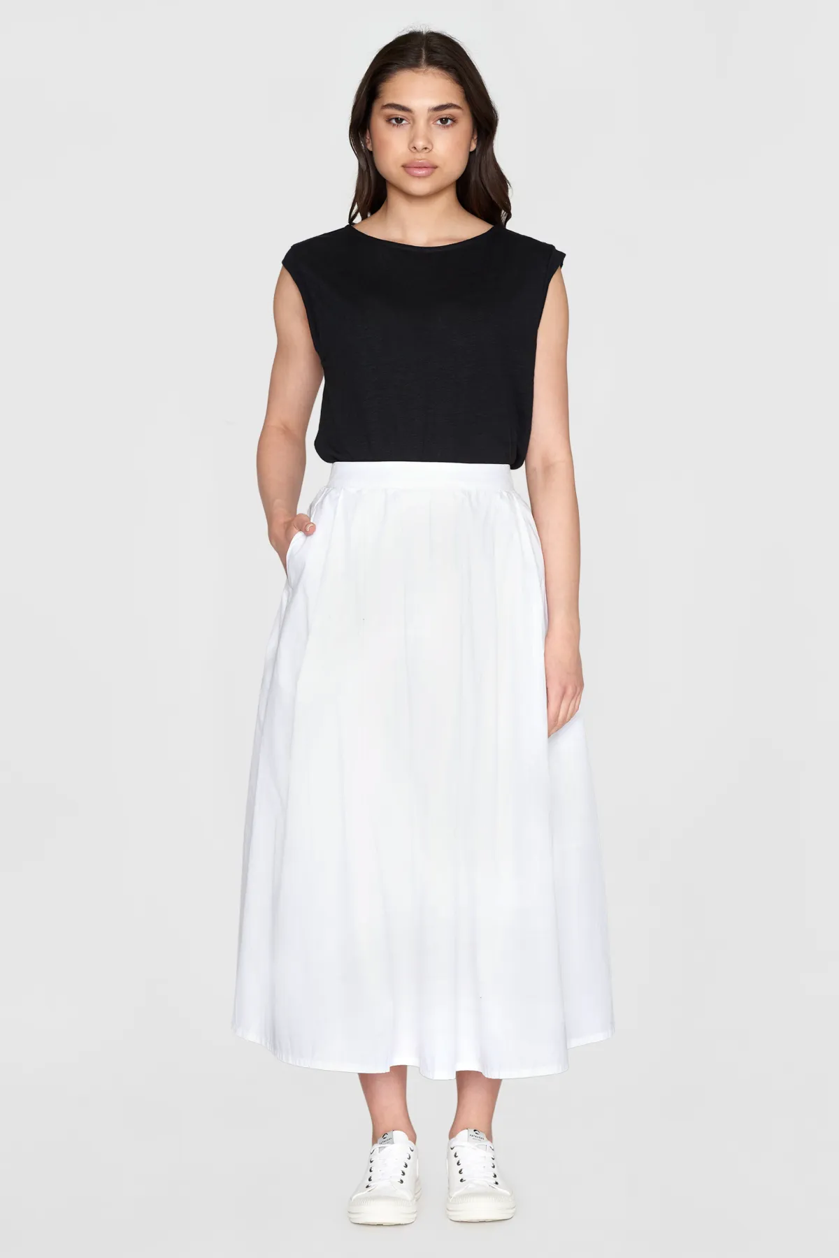 White Poplin PLeated Mid-length Skirt KNowledge Cotton Apparel