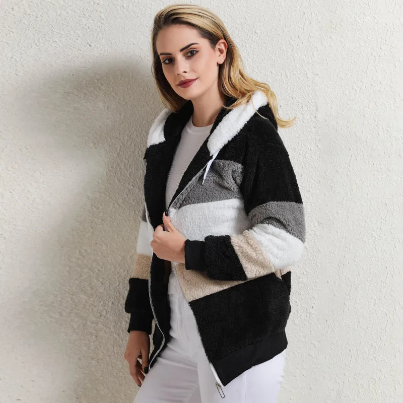 Winter Women Jacket New Warm Patchwork Zipper Pocket Stitching Hooded Plaid Faux Fur Retro Long Sleeve Top Coat Outwear XL - S5235488