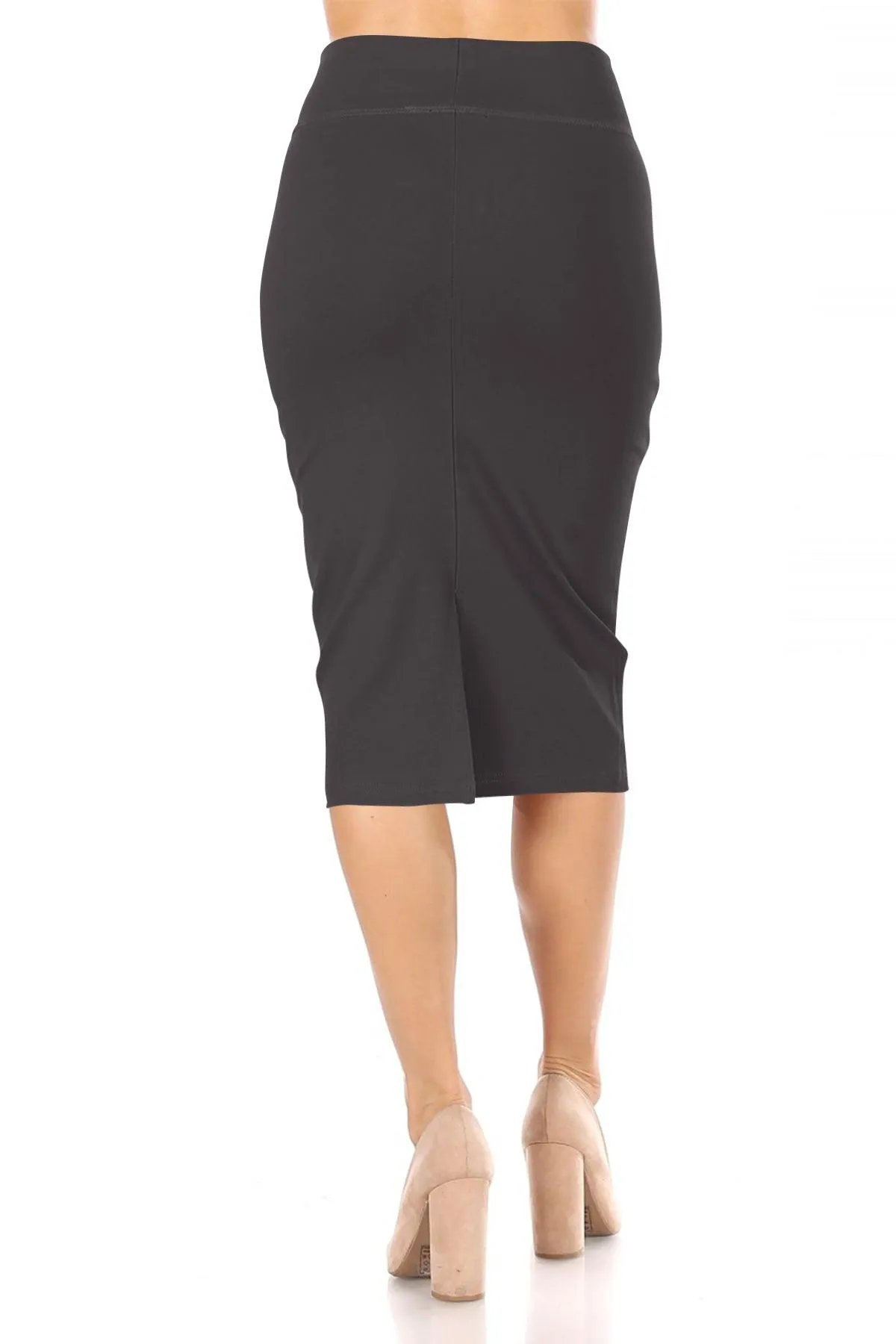 Women's Casual Solid  High Waist Stretchy Back Split Midi Pencil Skirt