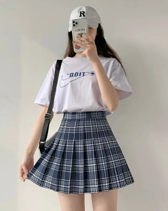 Womens Kawaii Fashion Aesthetic Pink Plaid Pleated Mini Skirt