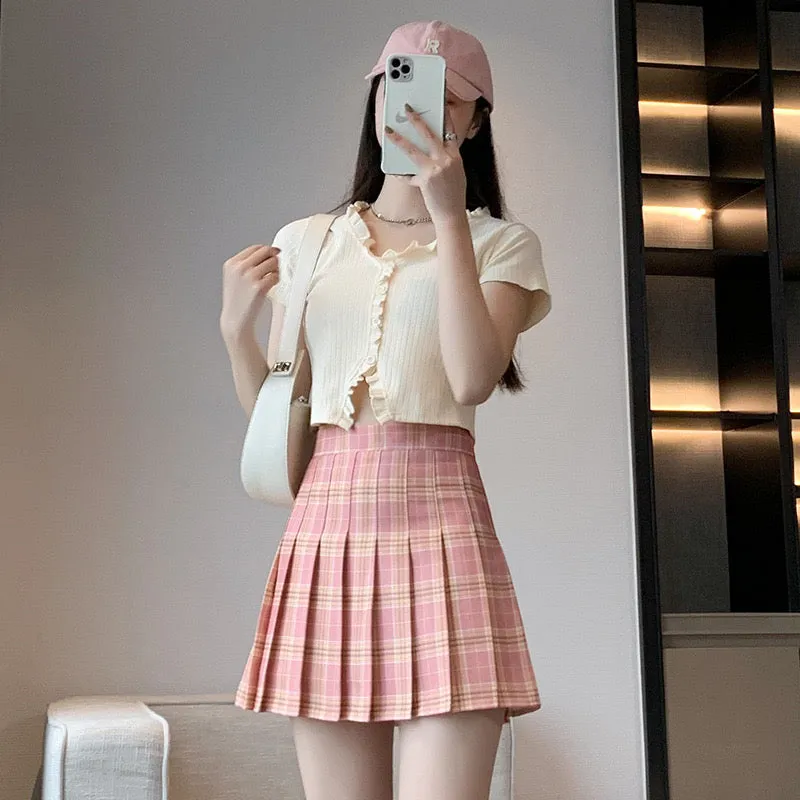 Womens Kawaii Fashion Aesthetic Pink Plaid Pleated Mini Skirt