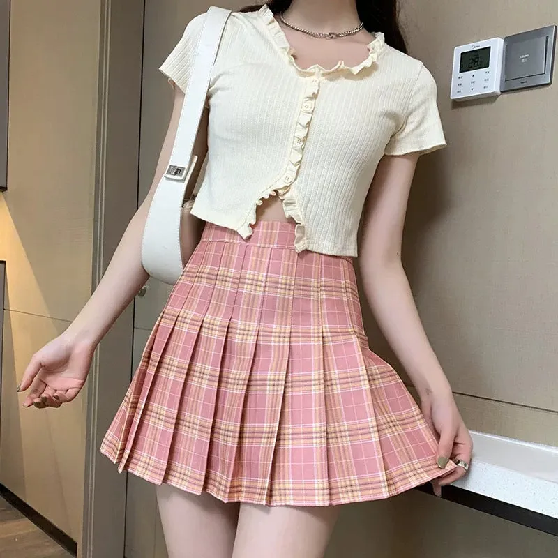 Womens Kawaii Fashion Aesthetic Pink Plaid Pleated Mini Skirt