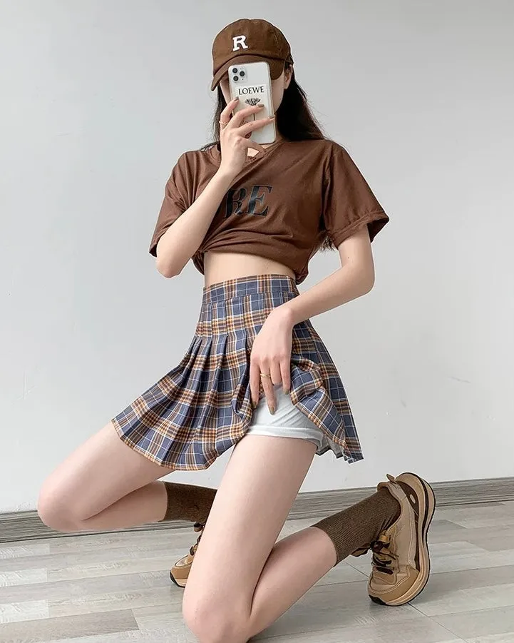 Womens Kawaii Fashion Aesthetic Pink Plaid Pleated Mini Skirt