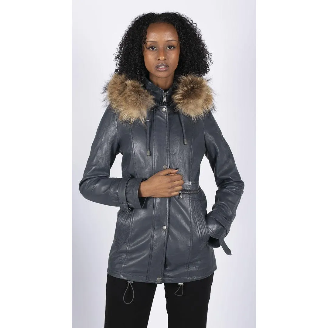 Womens Real Leather Parka Coat 3/4 Removable Hood Fur Button Cover Zipped