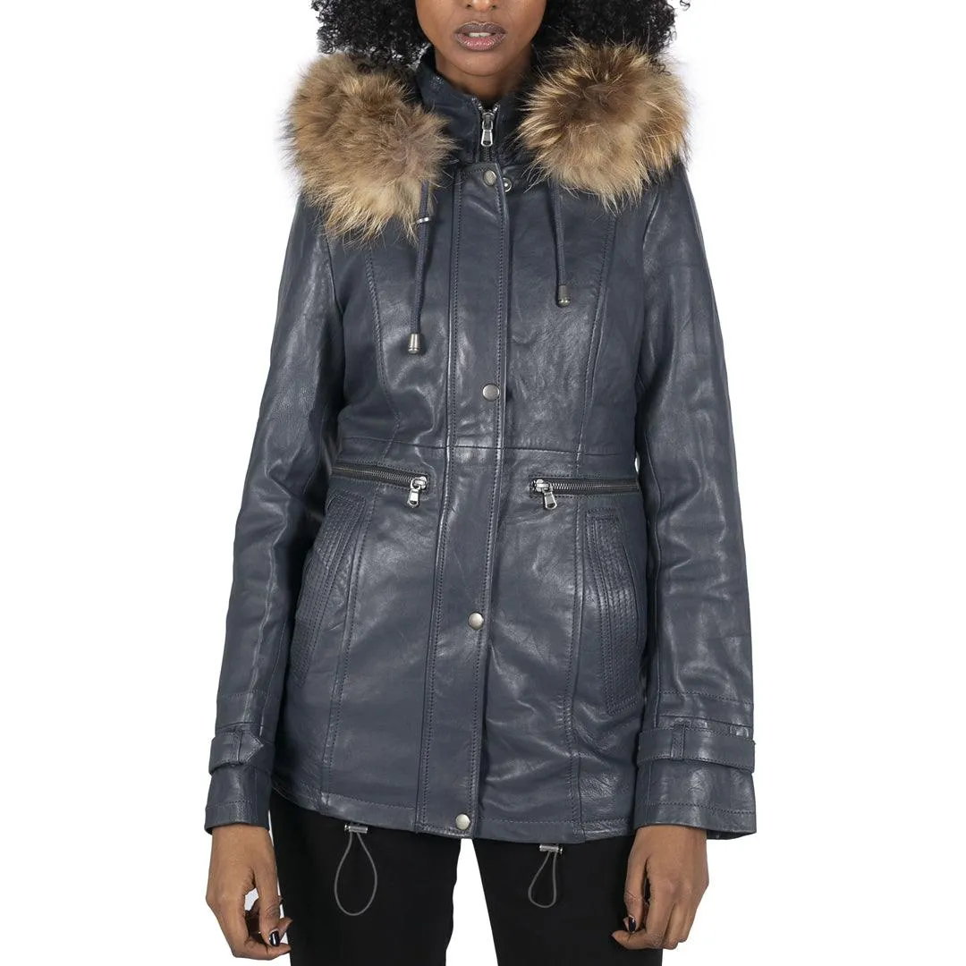 Womens Real Leather Parka Coat 3/4 Removable Hood Fur Button Cover Zipped