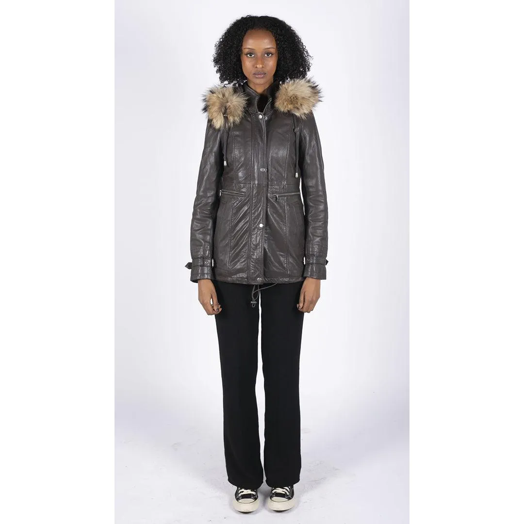 Womens Real Leather Parka Coat 3/4 Removable Hood Fur Button Cover Zipped