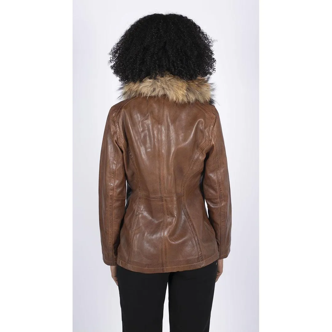 Womens Real Leather Short Parka Jacket Coat Fur Hood Zipped Brown Tan Black