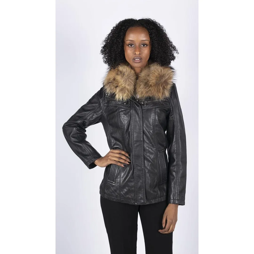 Womens Real Leather Short Parka Jacket Coat Fur Hood Zipped Brown Tan Black