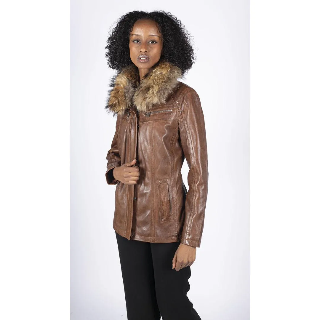 Womens Real Leather Short Parka Jacket Coat Fur Hood Zipped Brown Tan Black