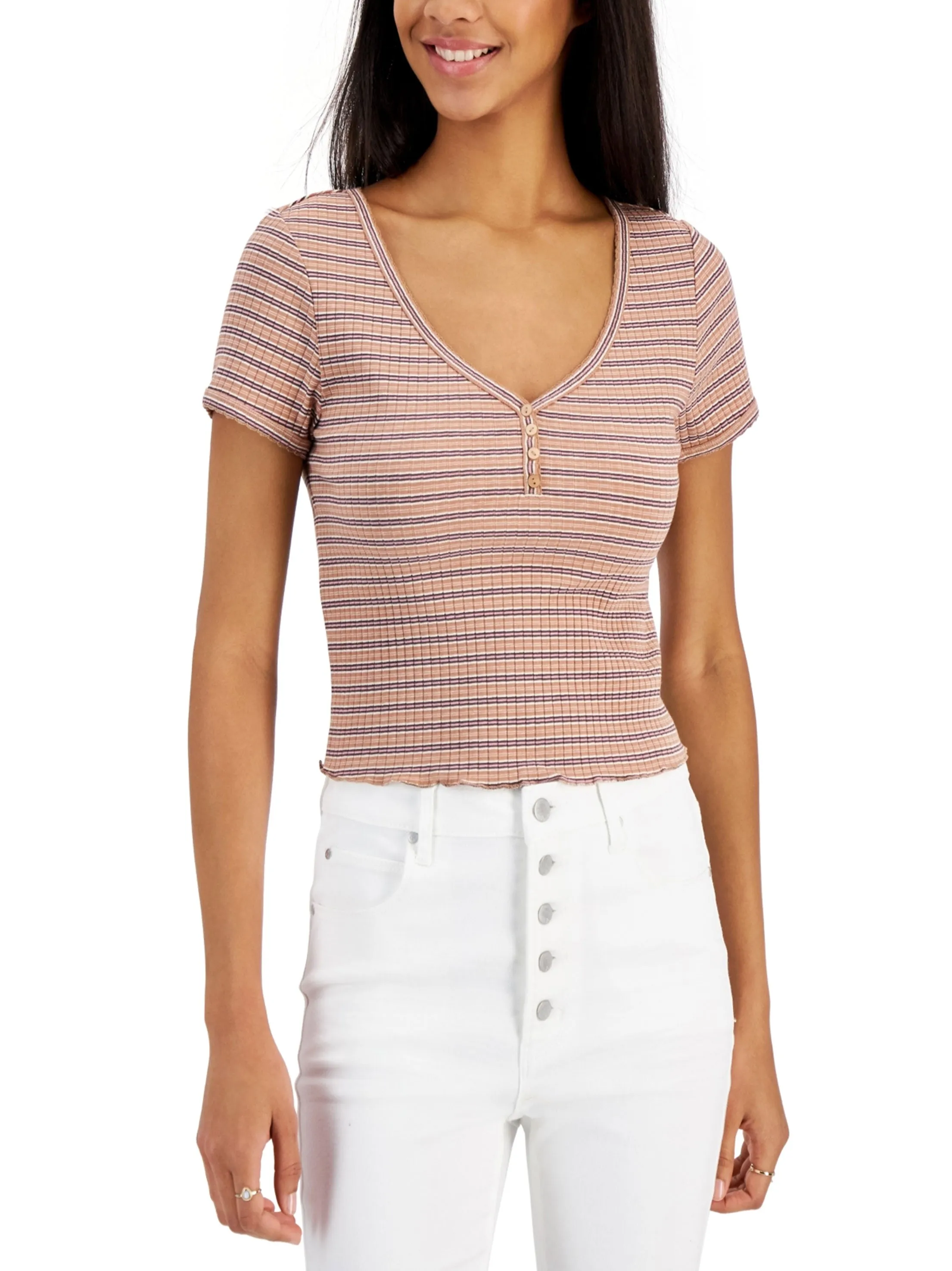 Women's Striped Ribbed Top,Light Brown