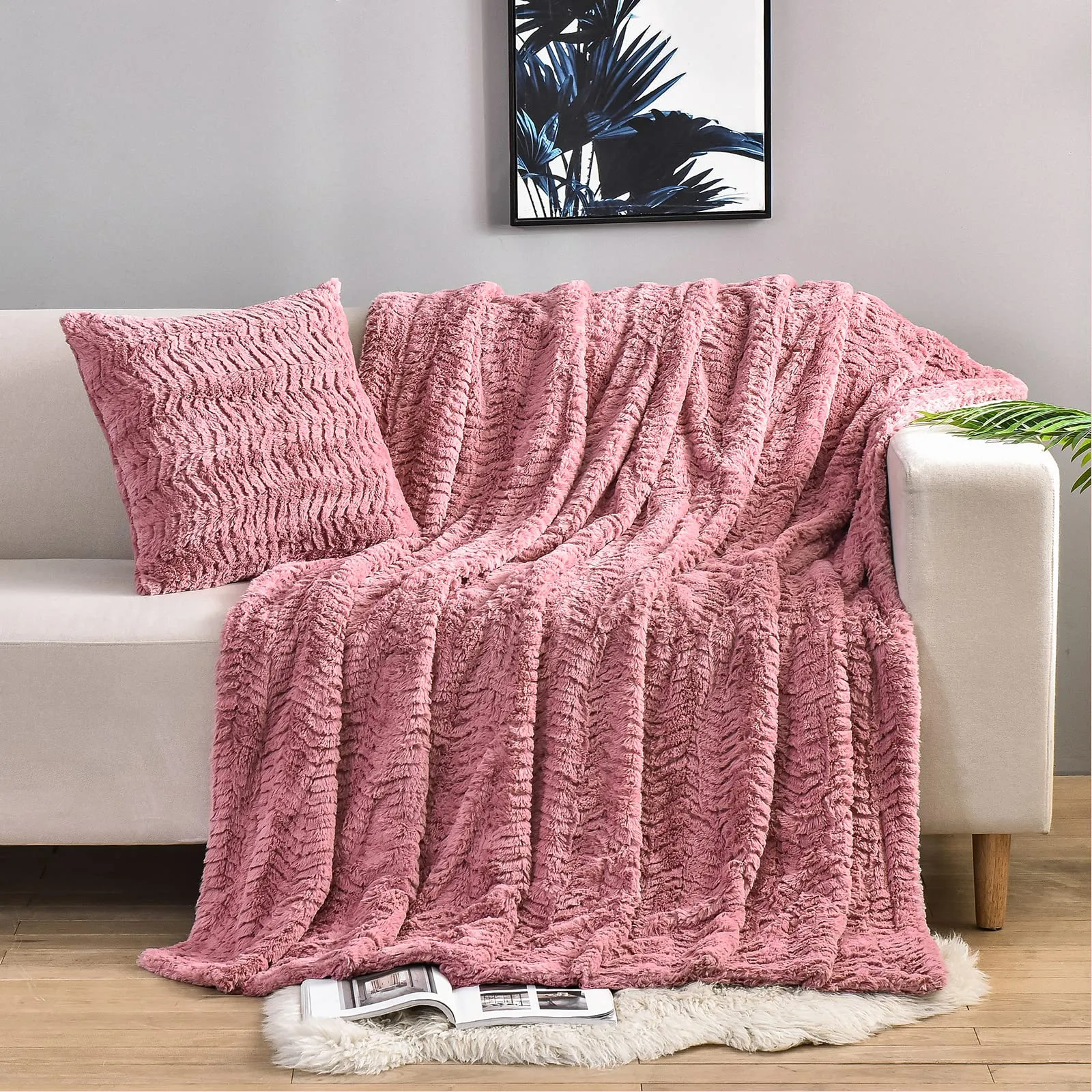 YUSOKI Luxury Double Sided Faux Fur Throw Blanket(Without Pillows),Soft Fuzzy Fluffy Cozy Blanket Plush Furry Comfy Warm Blanket for Couch Bed Chair Sofa Bedroom Women Teen Girls Gift(Pink,50" x 63")