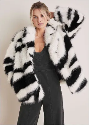 Zebra Print Faux Fur Coat - White Multi